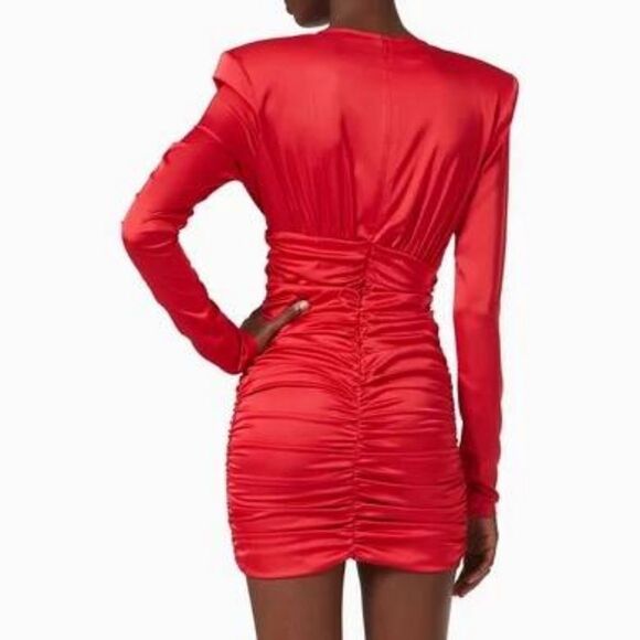 Pinko Zanzibar Satin Ruched Long Sleeve Party Cocktail Mini Dress in Red - Picture 5 of 14